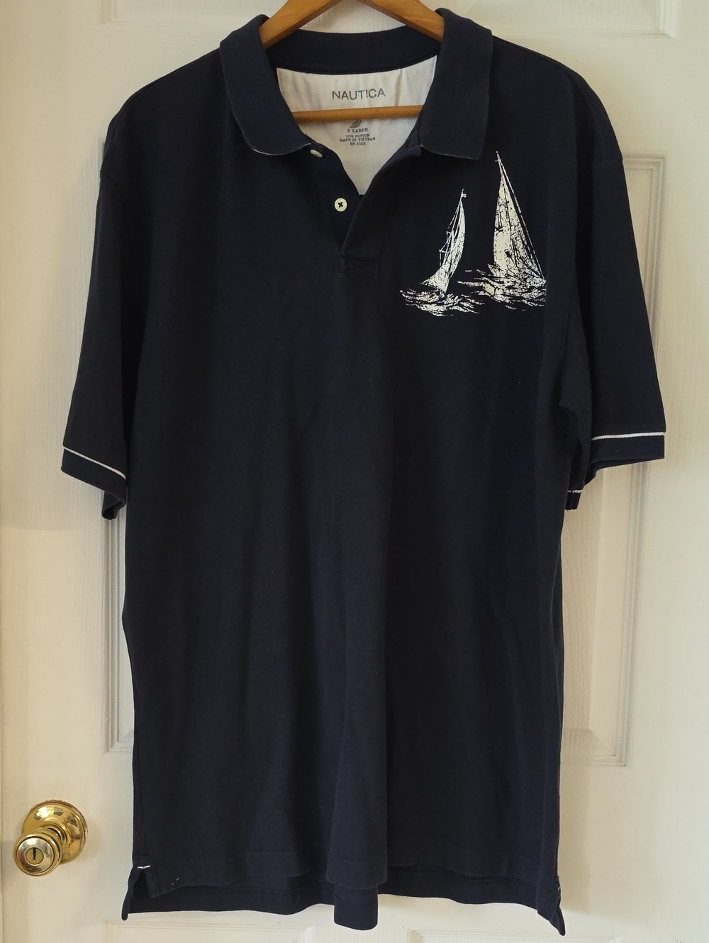 Vintage 90s Nautica Dark Blue Polo with White Sailboat Print Size XL